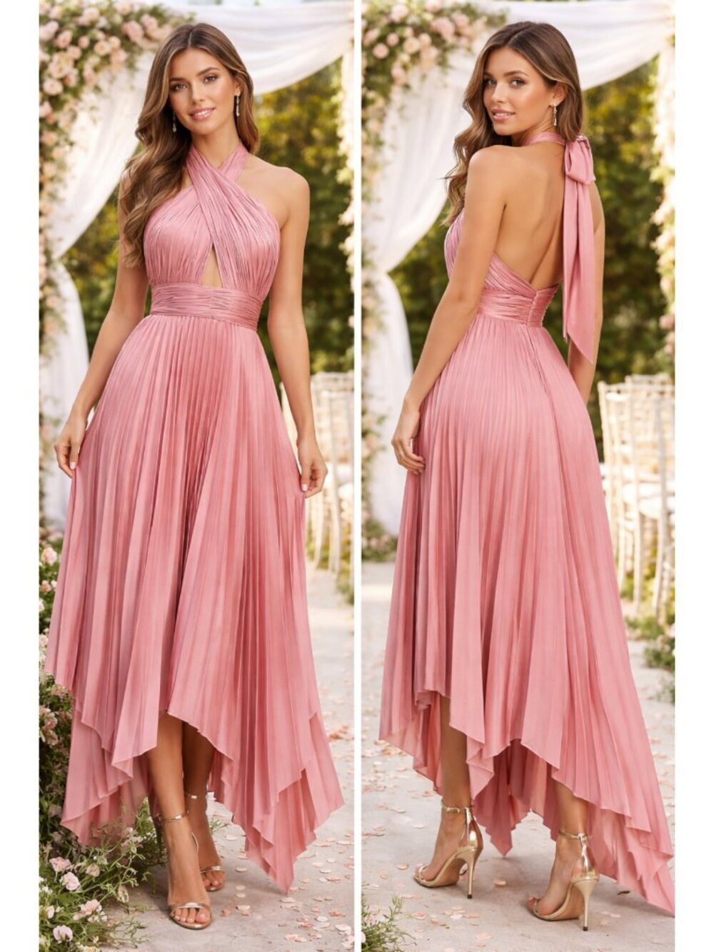 Mac Duggal Rose Pink Pleated Gown Halter Neck Asymmetrical Hem Dress Size 16/XL
